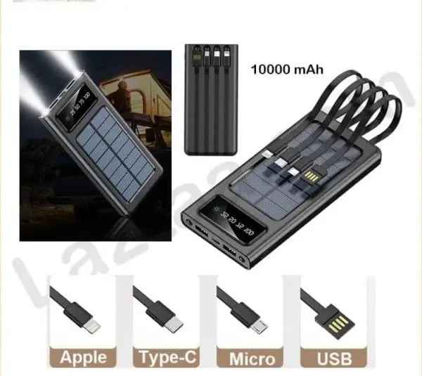 Solar Power Bank 10000mAh Portable Fast Charger with Built-In Cables Model J-118